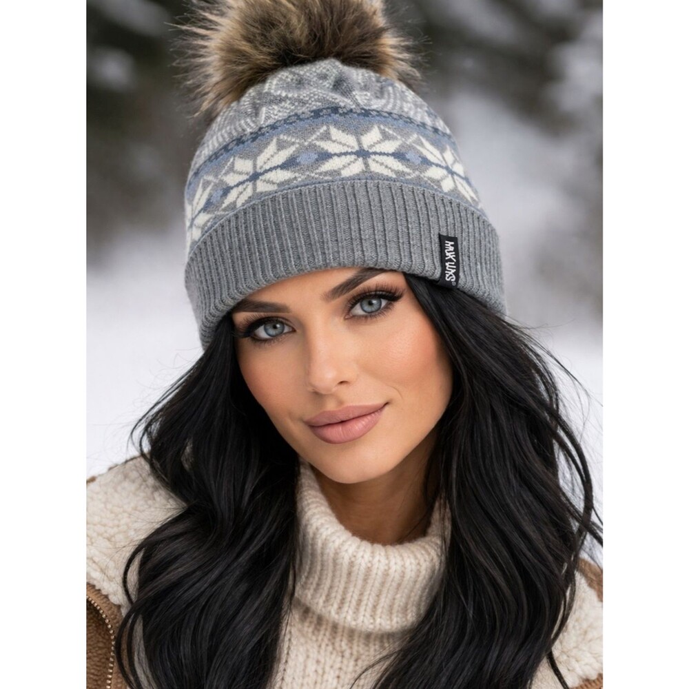 Muk Luks Fair Isle Pom Beanie Gray Blue Knit Winter Hat Faux Fur Pom One Size